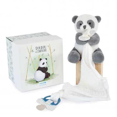 Unicef Panda Doudou With Dummy Holder - რბილი სათამაშო პირსაწმენდით - image 1 | Labebe