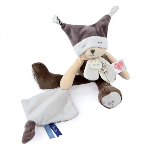1 Doudou, 3 Stories Plush Bear Taupe - Soft toy with a handkerchief - image 2 | Labebe