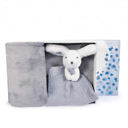 Blanket & Doudou Happy Glossy Grey Blue Blanket - Blanket with soft toy - image 1 | Labebe