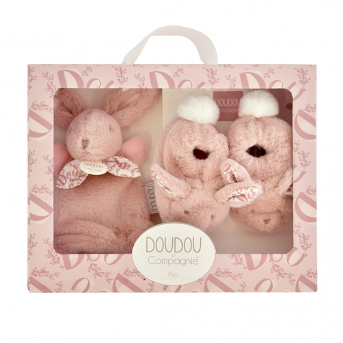 Lapin Doudou Coffret Booties And Doudou Pink - Baby slippers in present box - image 1 | Labebe