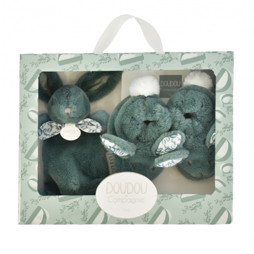 Lapin Doudou Coffret Booties And Doudou Sage Green - Baby slippers in present box - image 1 | Labebe